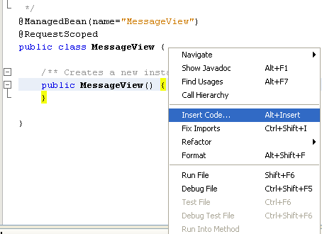 NetBeans IDE: selecting the Java web application project, invoking the Insert Code context menu