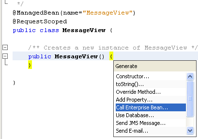 NetBeans IDE: selecting the Java web application project, selecting the Call Enterprise Beans source code