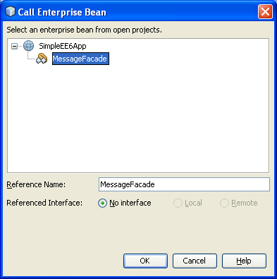 NetBeans IDE: selecting the Java web application project, selecting an enterprise benas from open projects