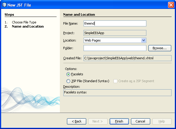 NetBeans IDE: selecting the Java web application project, giving the JSF name file and setting the file location