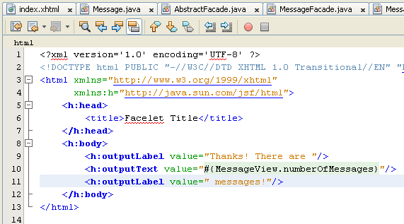NetBeans IDE: selecting the Java web application project, adding new source code to the JSF file
