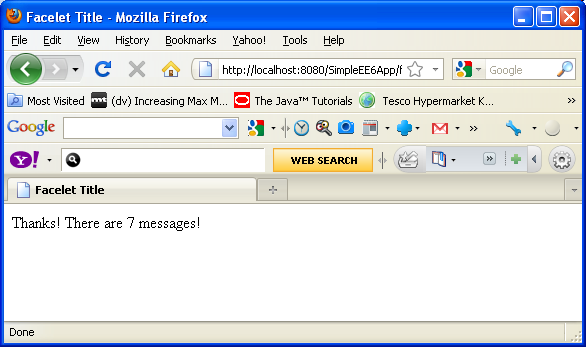 NetBeans IDE: selecting the Java web application project, the sample response web page