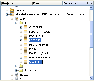 Database tables seen from NetBeans Services page