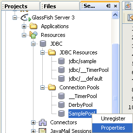 Invoking the properties page of the SamplePool connection pool