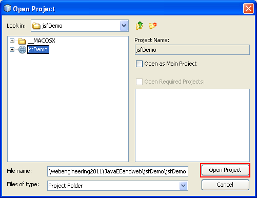 Selecting the existing JSF demo project as a template