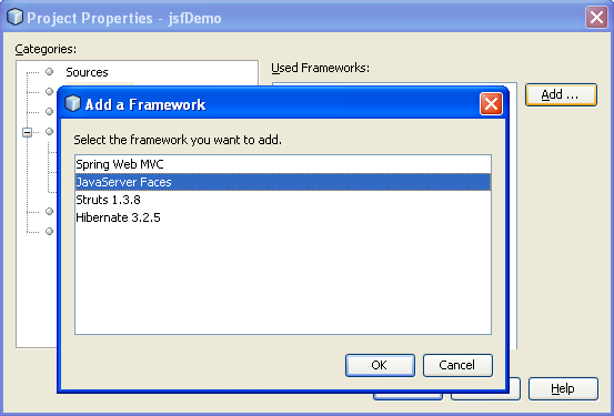 Selecting the JavaServer Faces framework for the existing JSF project