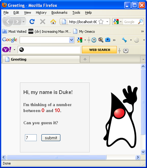The JSF sample output as seen in Browser