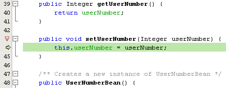 The Java debugger is suspended within the setUserNumber() method