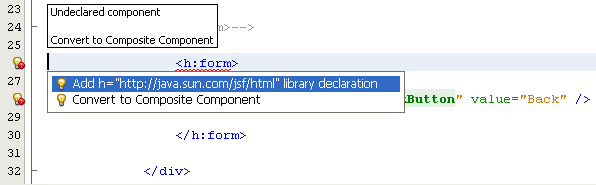 Using the NetBeans editor's code completion support to add the required JSF namespaces to the file