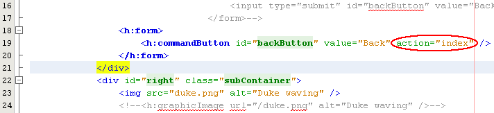 Adding the commandButton's action attribute