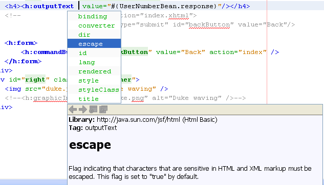 Choosing the escape attribute and inspecting the Java documentation
