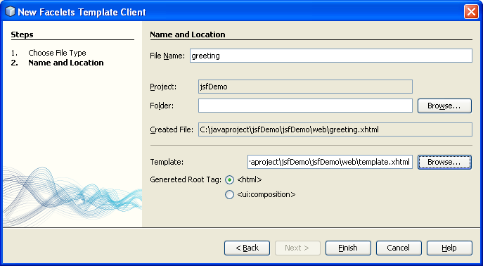 Finishing the new facelets template client file creation