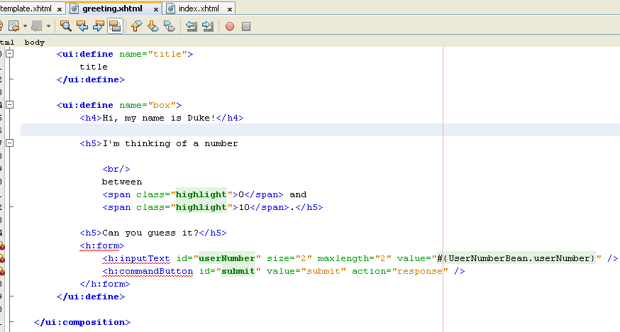The new greeting.xhtml source code taken from index.xhtml file