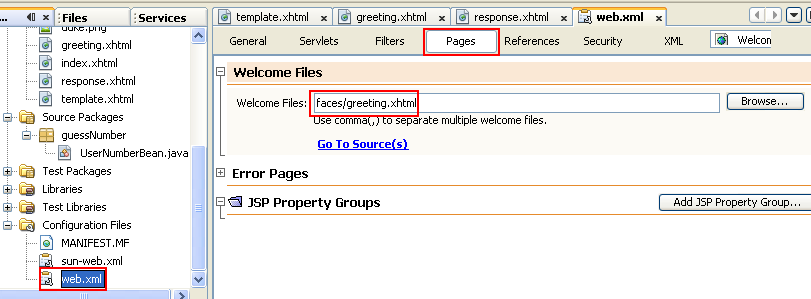 Modifying the welcome file entry so that greeting.xhtml is the page that opens when the application is run