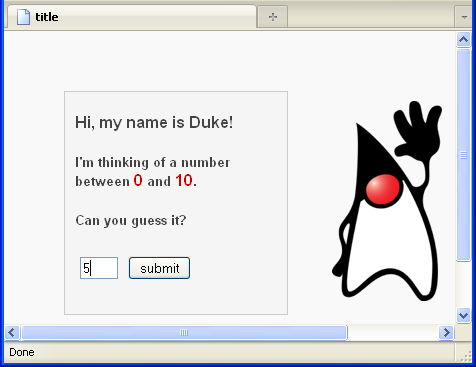 The Hello Duke guessing number game in action ready for input