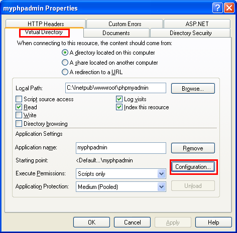 Invoking the IIS virtual directory configuration page