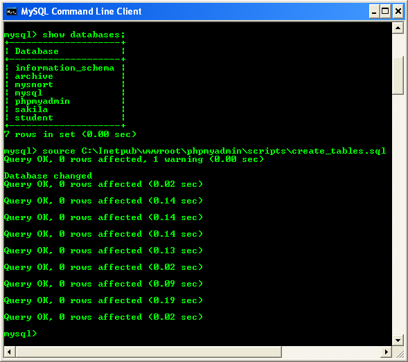 verifying phpmyadmin MySQL database and running the source command to create tables from the predefined script