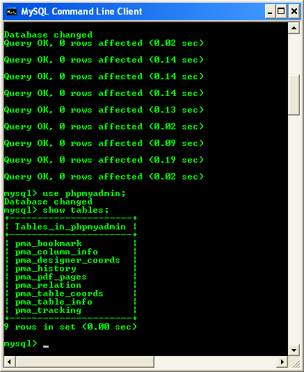 Verifying the phpmyadmin MySQL tables creation