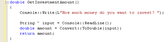 C++ .Net programming - the GetInvestmentAmount function definition