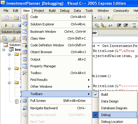 C++ .NEt programming - the debug toolbars