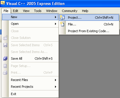 Invoking the new C++ .Net project window