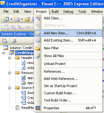 C++ .Net - Adding a new item to the existing project