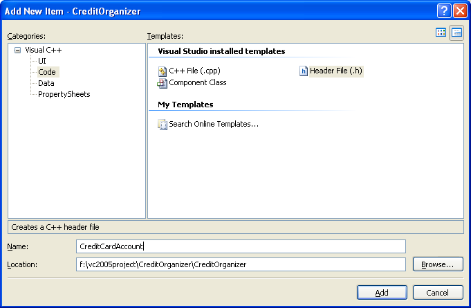 C++ .Net Adding a new header file for class declaration and definition to the existing project