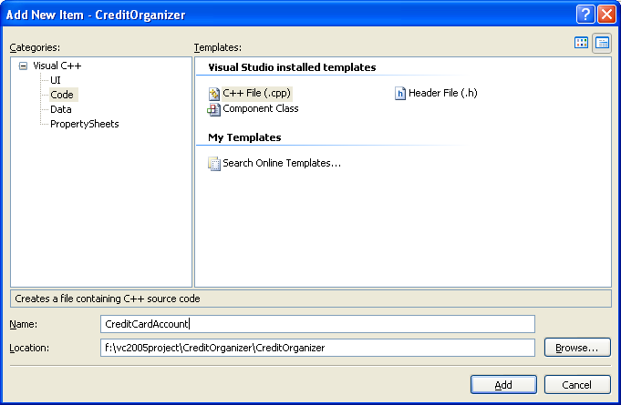 C++ .Net - Adding new source file for the class definition or implementation to the existing project