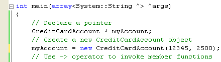 C++ .net unmanaged class programming - creating a CreditCardAccount object in the main program source code