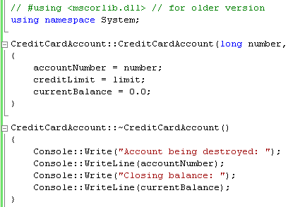 C++ .Net unmanaged class programming - implementing the destructor source code
