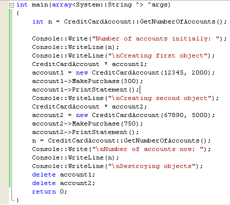 C++ .Net unmanaged class programming - calling GetNumberOfAccounts function at various stages during execution from main program source code