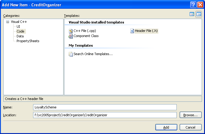 C++ .Net class programming - adding new item, header file into the existing project