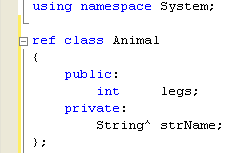 C++ .Net managed class programming - adding a private keyword to the class definition