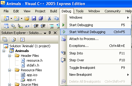 C++ .Net managed class programming - running the C++ .Net project without debugging