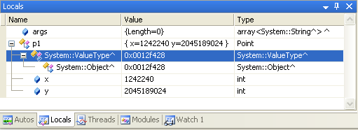 Locals windows information during the debug process