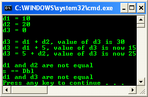 Equality console program output example