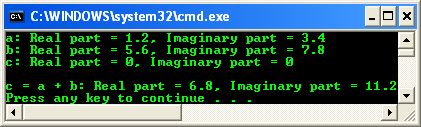C++ code example overloads the + operator to add two complex numbers and returns the result