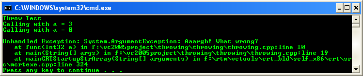 The unhandled exception generated in the C++ .NET program seen through the Console Window