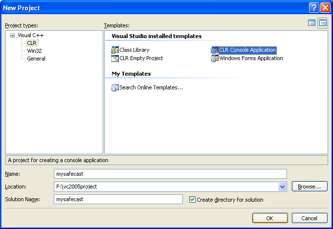 Exception handling -Creating a new CLR Console Application project named mysafecast