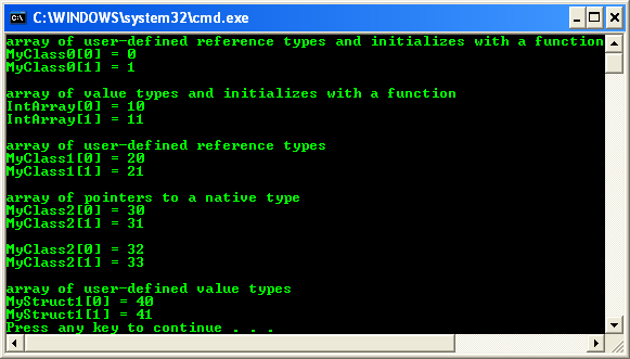 Program output sample that shows how to create single-dimension arrays of reference, value, and native pointer types