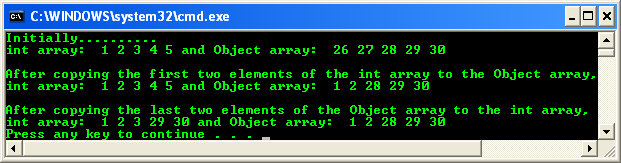 A code example that shows how Array::Copy copies elements between an array of type integer and an array of type Object