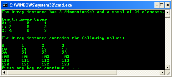 A code example creates and initializes an Array and displays its properties and its elements