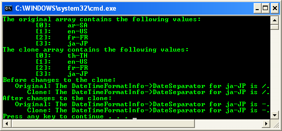 A code example clones a System::Globalization::CultureInfo array and demonstrates the behavior of a shallow copy