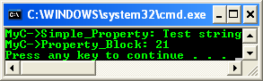A program example that shows the declaration and use of a property data member and a property block. It also shows that a property accessor can be defined out of class