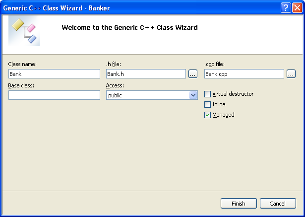 Entering the information for the new Generic C++ Class using the Class Wizard