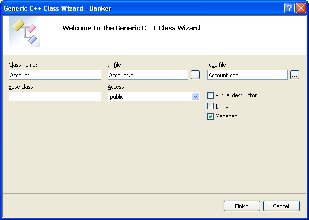 Entering the new class information using the Class Wizard