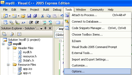 Invoking the VC++ .NET 2005 project Options page