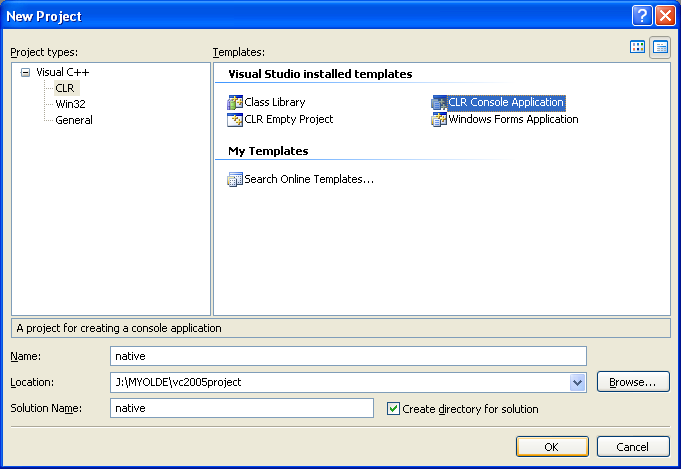 Creating a new CLR Console Application named native