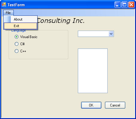Windows form menu and its items in action