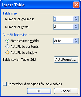 Microsoft Word Insert Table dialog box